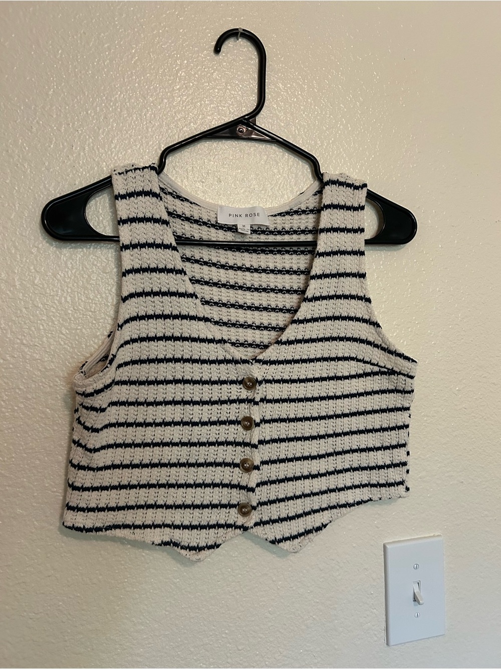 Pink Rose Black and White Striped Button-Front Cropped Tank